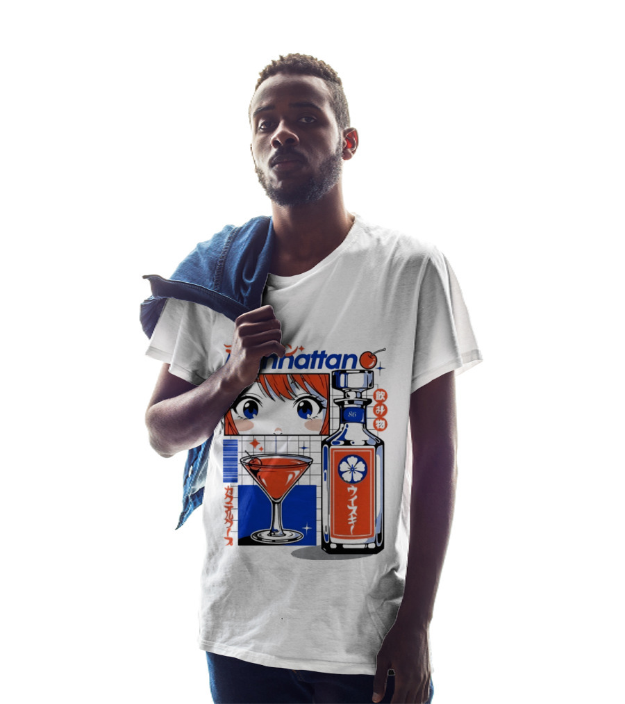 Manhattan Anime Style Whiskey Bottle With Cocktail And Cherry T-Shirt