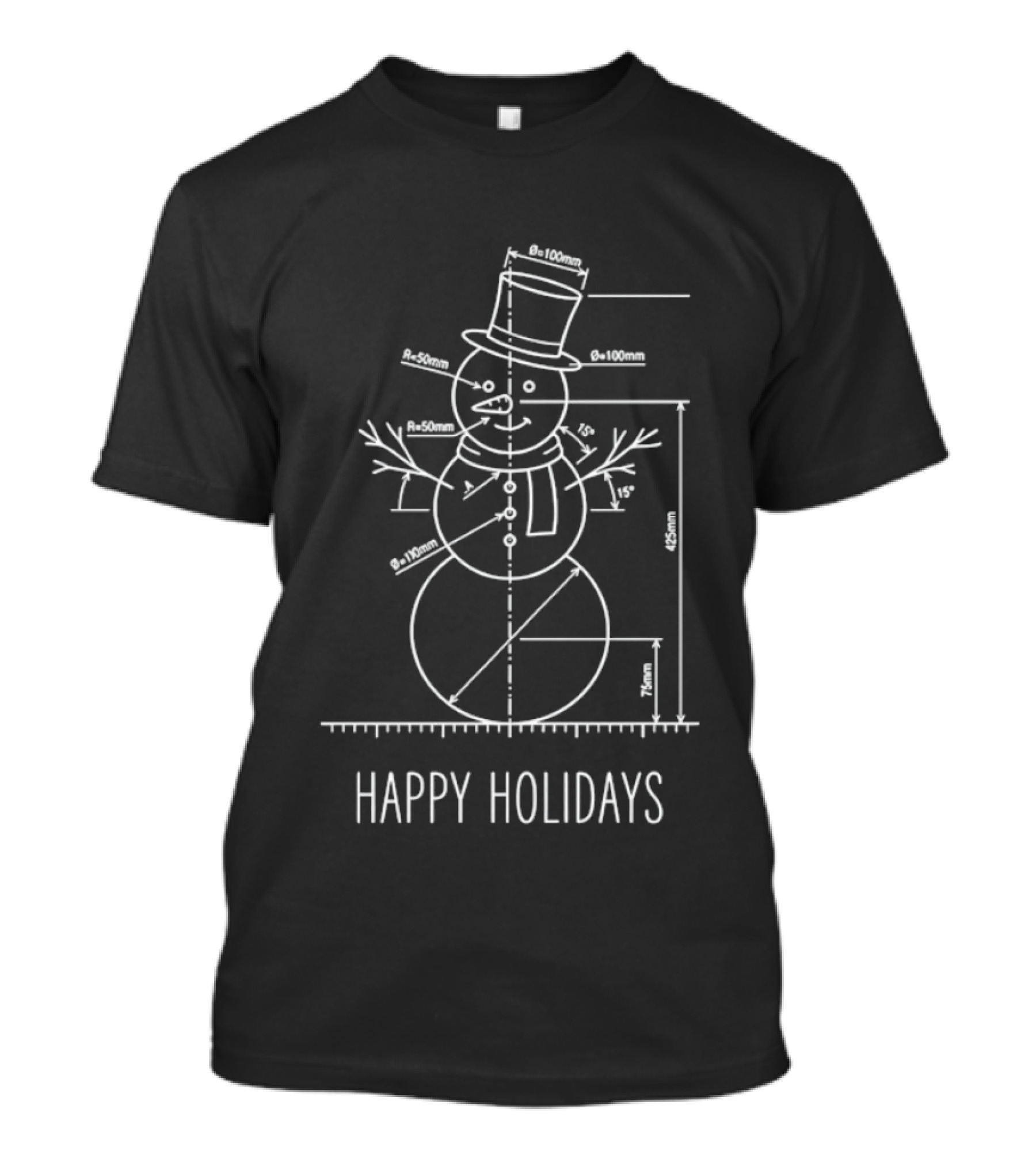 Happy Holidays Snowman Blueprint Technical Drawing T-Shirt