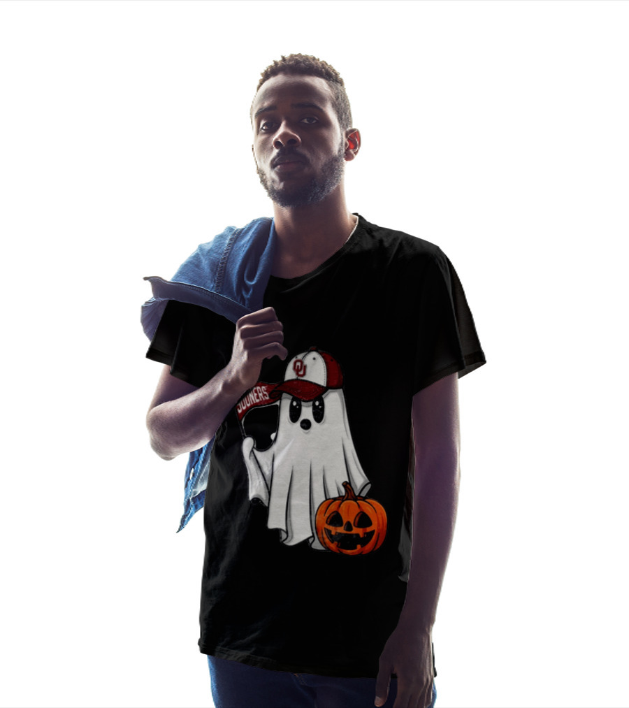 Oklahoma Sooners Ghost With Pumpkin Halloween Fan Gear T-Shirt