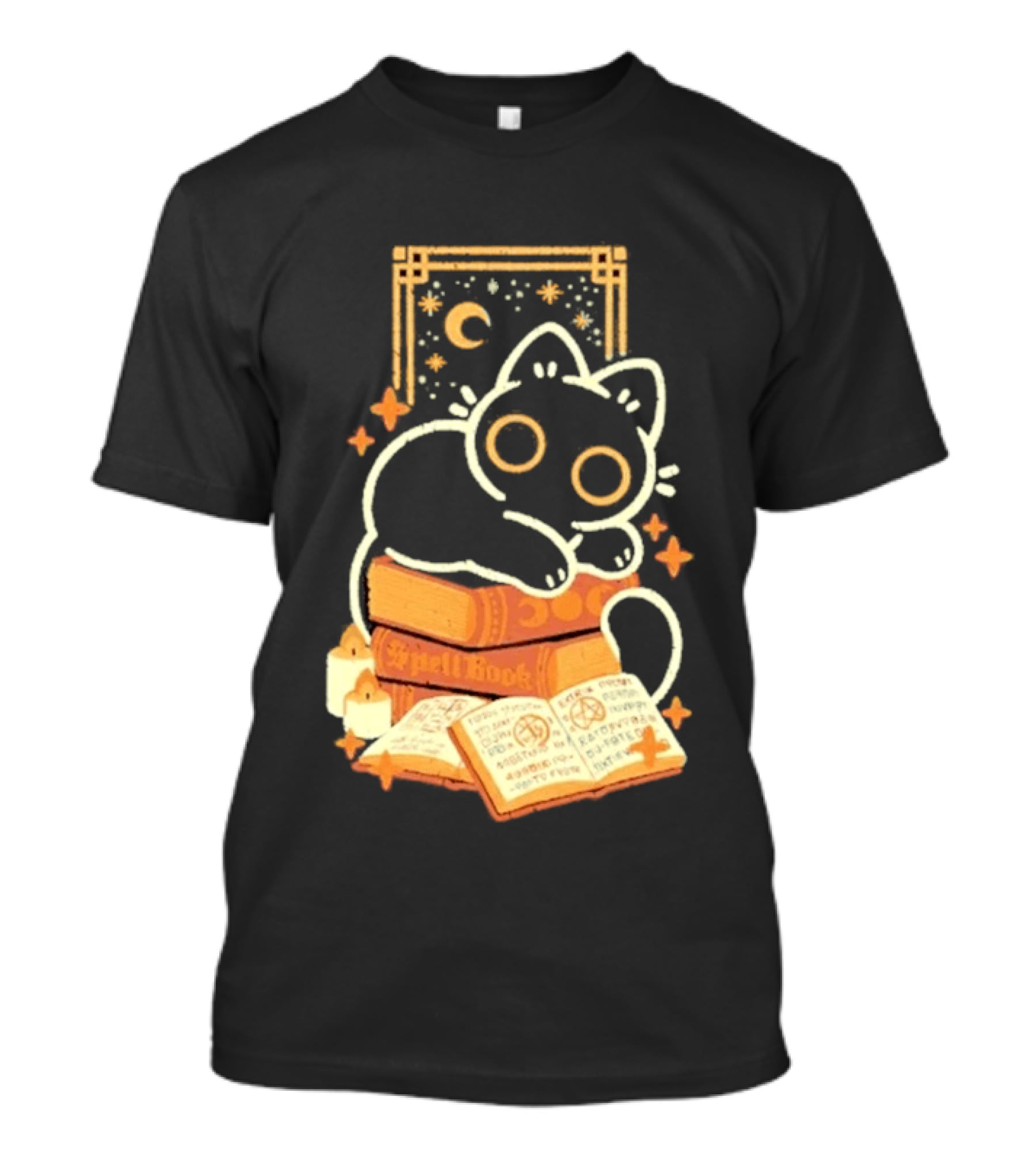 Black Cat Spell Book Candles Moon Stars Mystical Scene T-Shirt