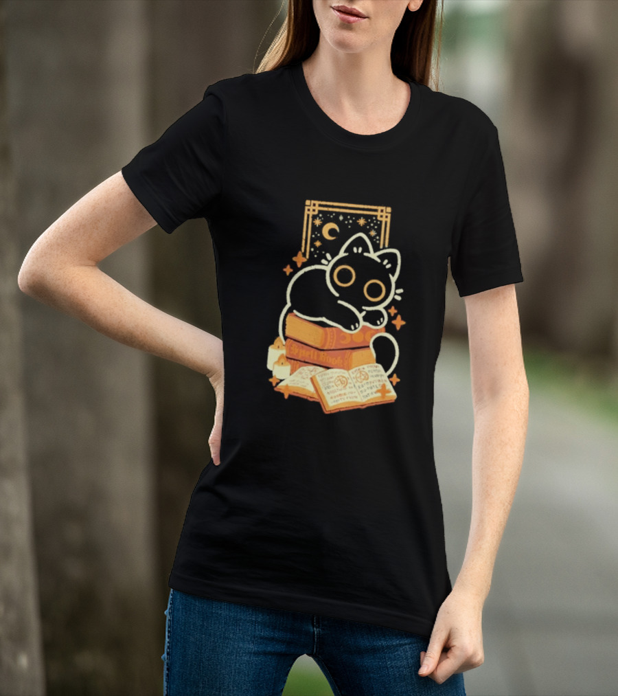 Black Cat Spell Book Candles Moon Stars Mystical Scene T-Shirt