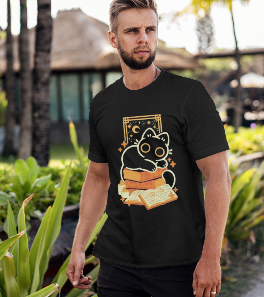 Black Cat Spell Book Candles Moon Stars Mystical Scene T-Shirt