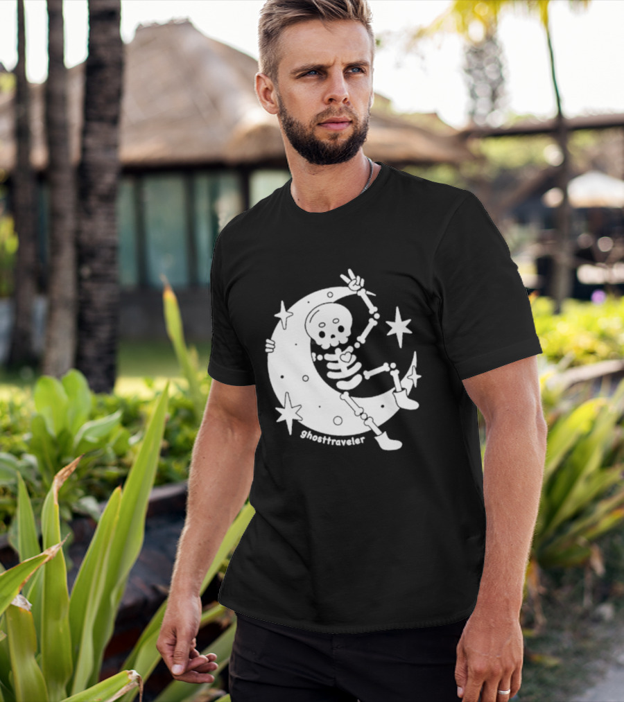 Ghosttraveler Skeleton On The Moon With Stars Spooky Halloween T-Shirt