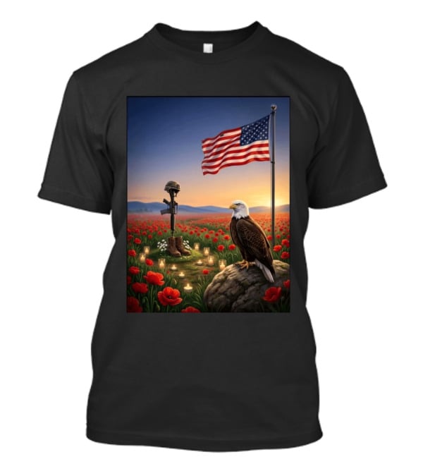 Battlefield Cross American Flag Eagle Honor Our Fallen Heroes Poppy Field T-Shirt