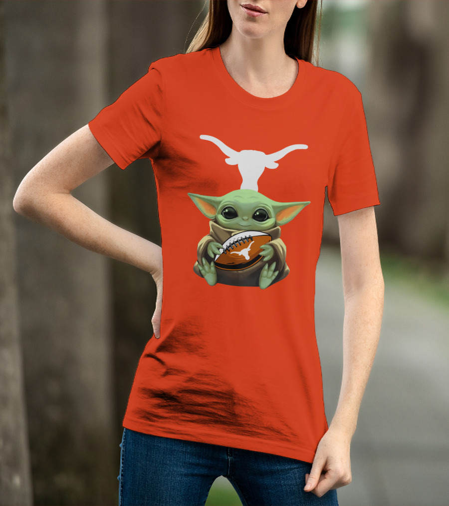 Baby Yoda Longhorns Football Logo Orange Background T-Shirt