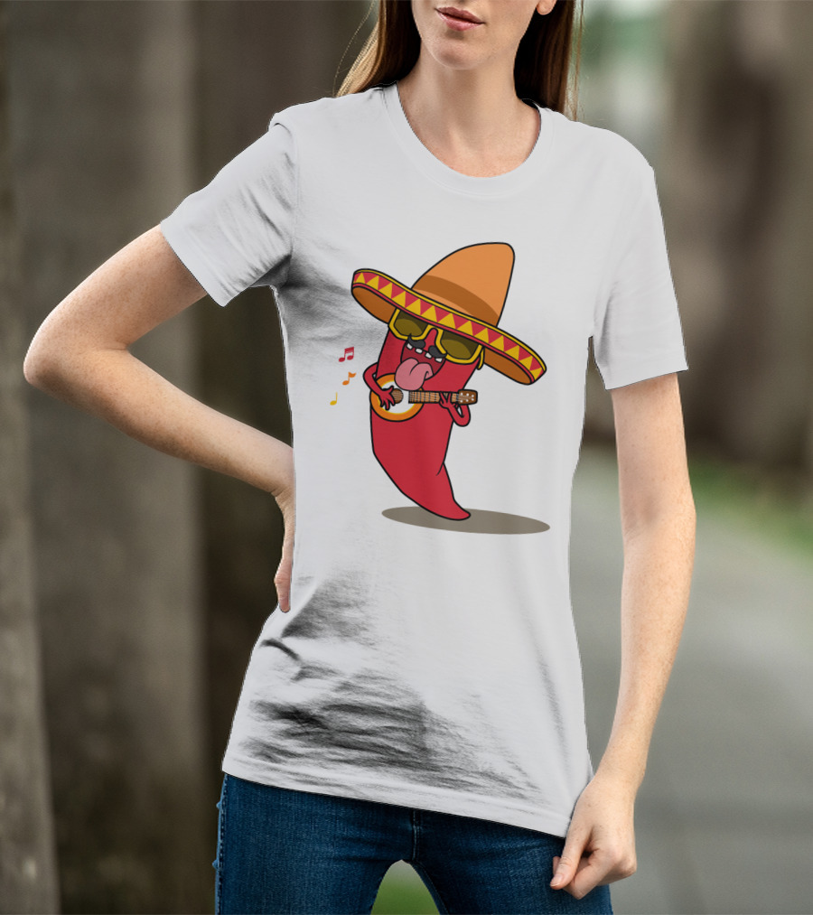 Mexican Chili Pepper Playing Guitar In Sombrero T-Shirt