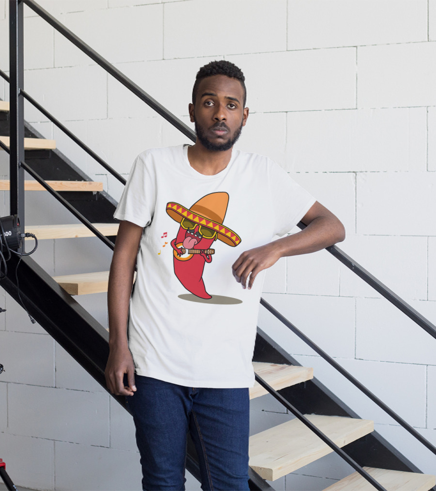 Mexican Chili Pepper Playing Guitar In Sombrero T-Shirt