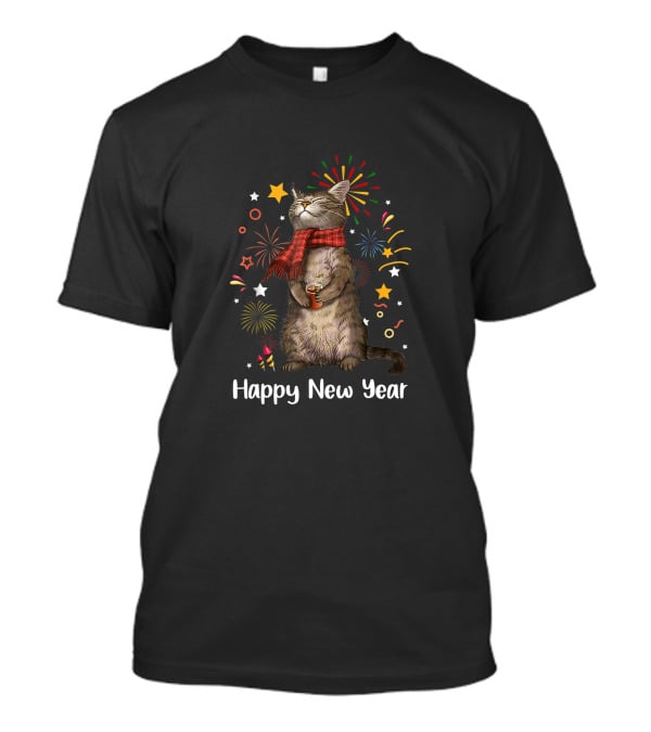Happy New Year Cat With Fireworks And Stars T-Shirt
