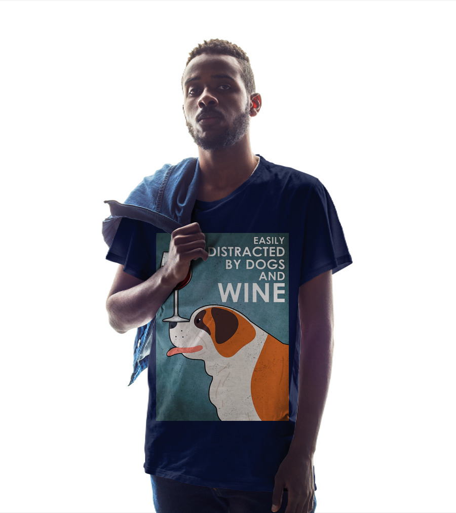 St Bernard Easily Distracted By Dogs And Wine With Red Wine Glass T-Shirt