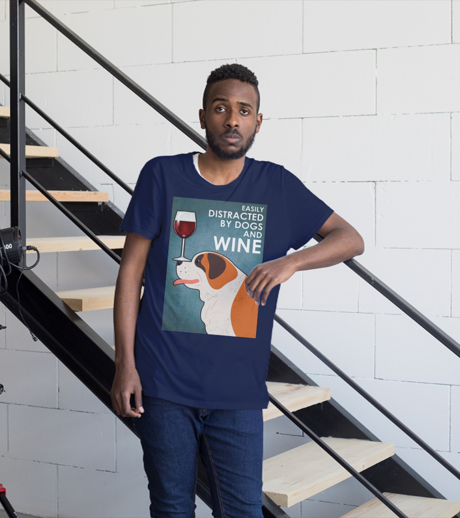 St Bernard Easily Distracted By Dogs And Wine With Red Wine Glass T-Shirt