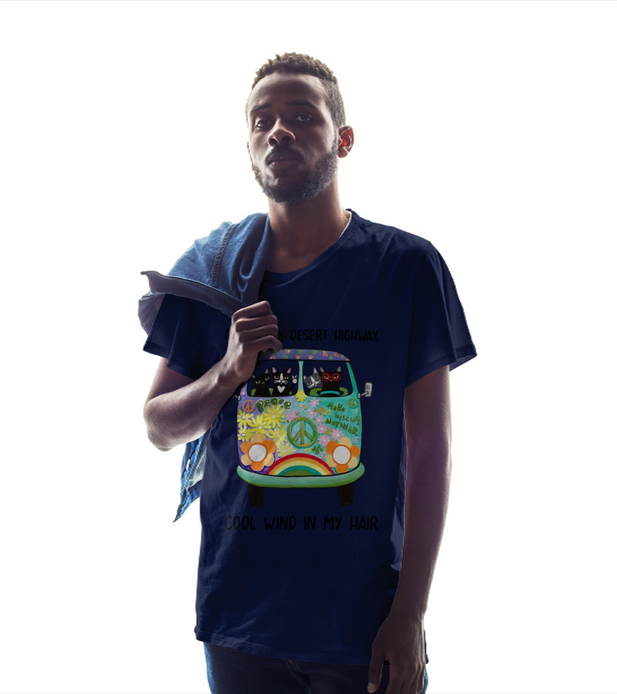 Hippie Cats Peace Van On A Dark Desert Highway Cool Wind In My Hair T-Shirt
