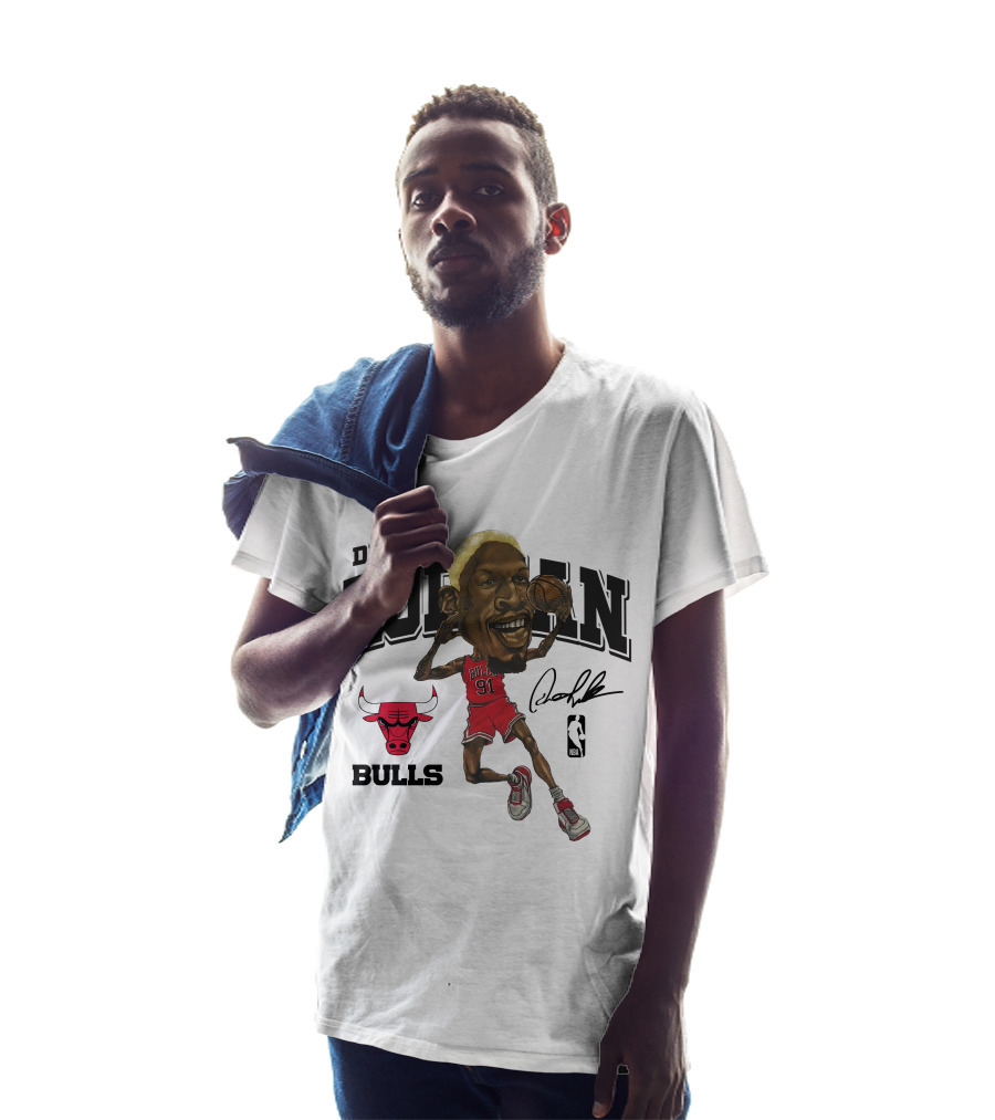 Dennis Rodman 91 Chicago Bulls NBA Caricature Signature Mitchell And Ness T-Shirt