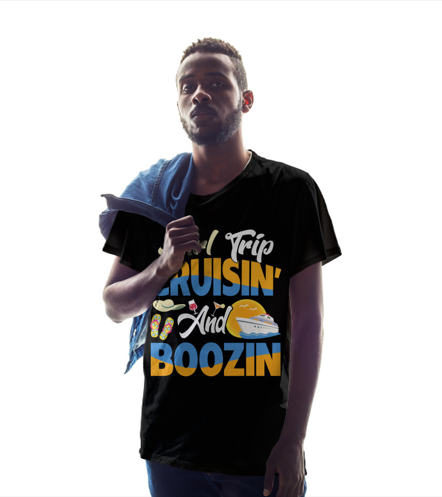 Girl Trip Cruisin' And Boozin' With Flip-Flops, Sun Hat, Drinks, And Cruise Ship Sunset T-Shirt