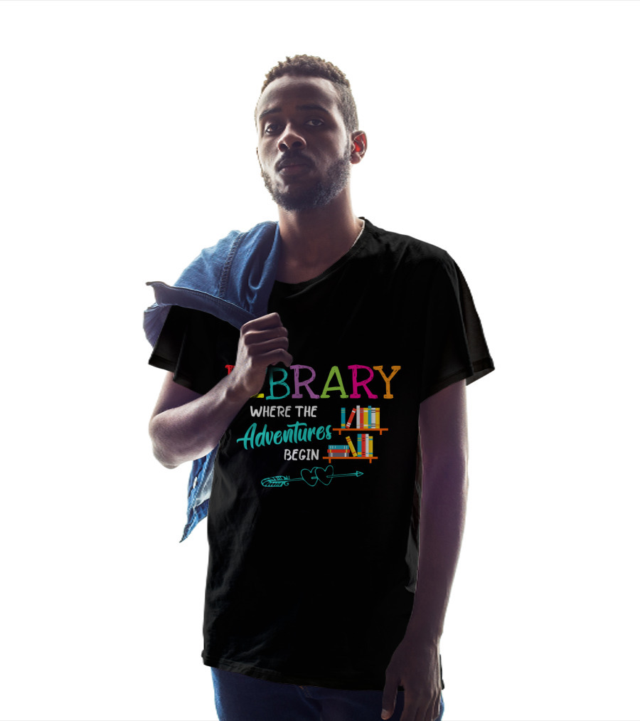 Library Where The Adventures Begin Colorful Books And Arrow T-Shirt