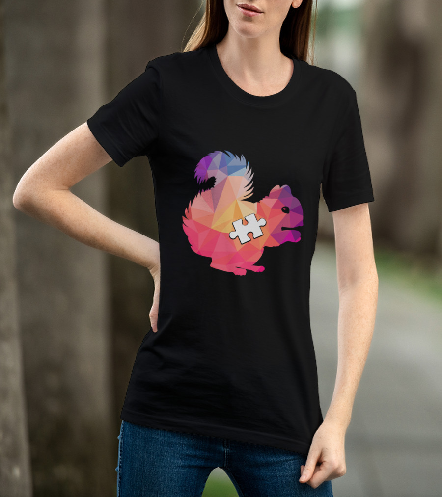 Squirrel Autism Awareness Puzzle Piece Geometric Multicolor T-Shirt
