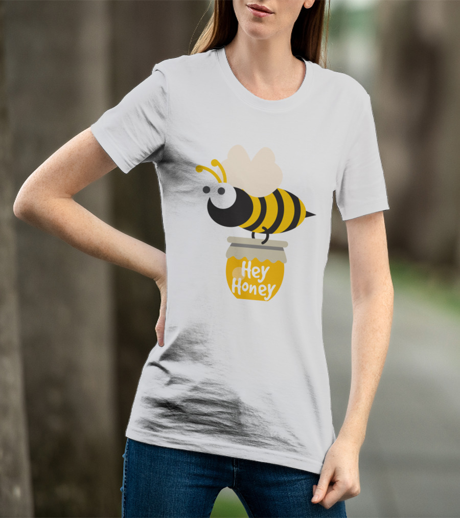 Hey Honey Fun Bee Yellow Striped Cartoon Bee On Honey Jar T-Shirt
