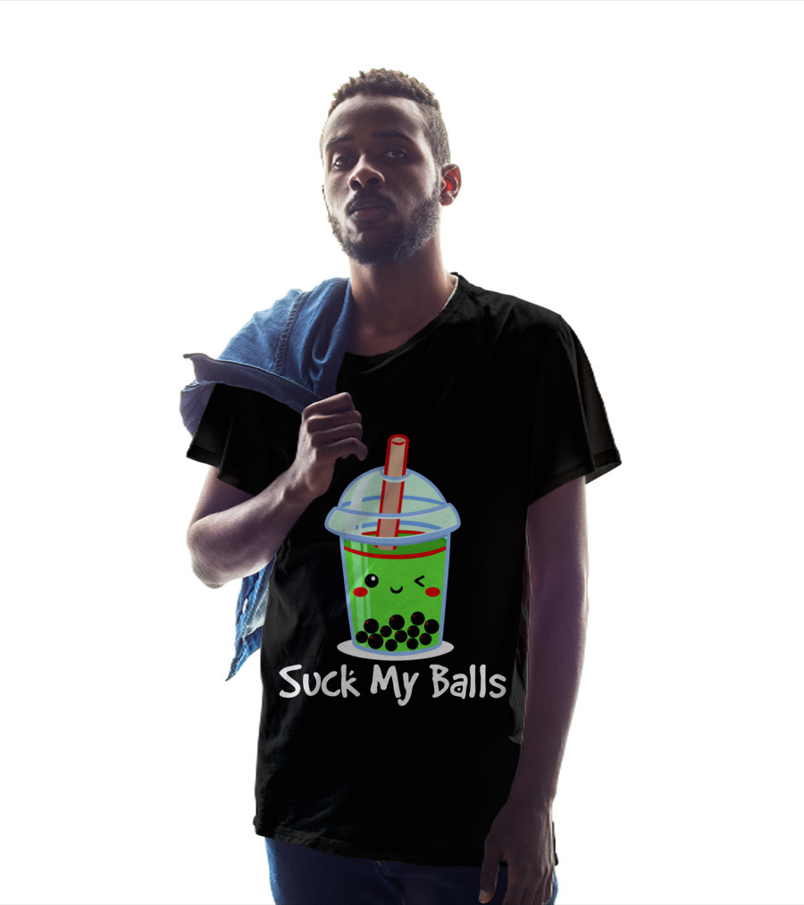 Suck My Balls Kawaii Bubble Tea Cup With Straw And Tapioca Pearls T-Shirt