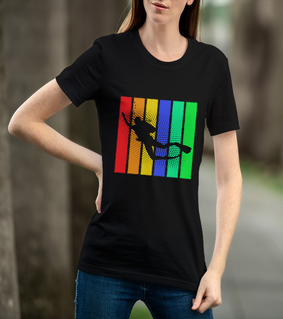 Retro Snorkeling Diver Silhouette Rainbow Stripes T-Shirt