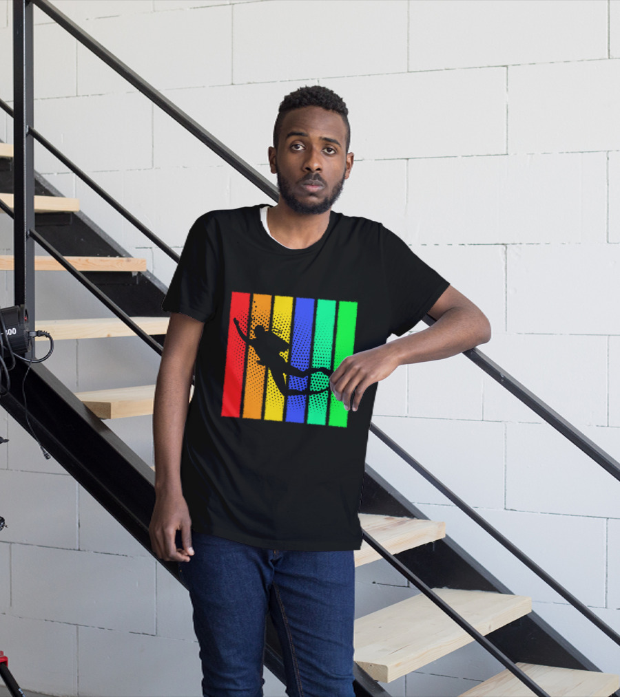 Retro Snorkeling Diver Silhouette Rainbow Stripes T-Shirt