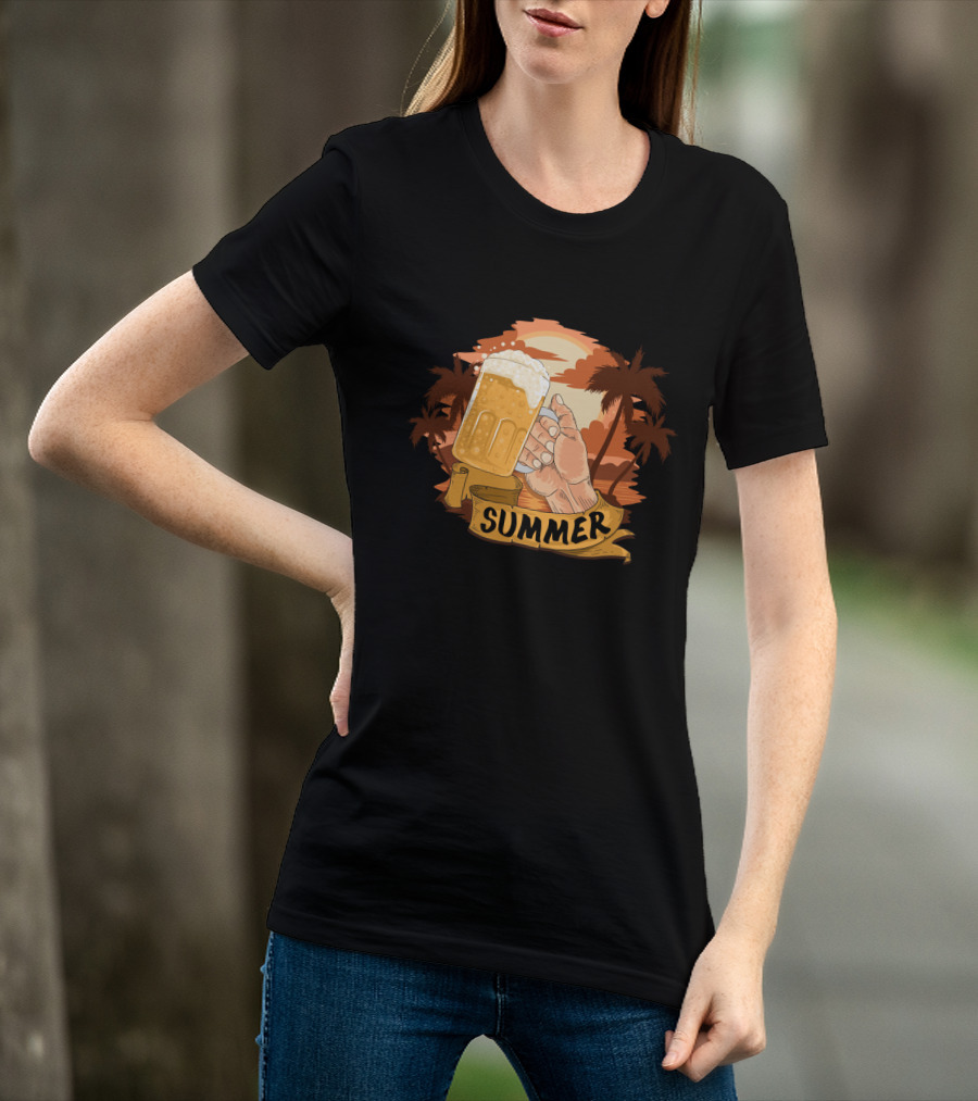 Summer Beach Beer Cheers At Sunset Palm Landscape T-Shirt