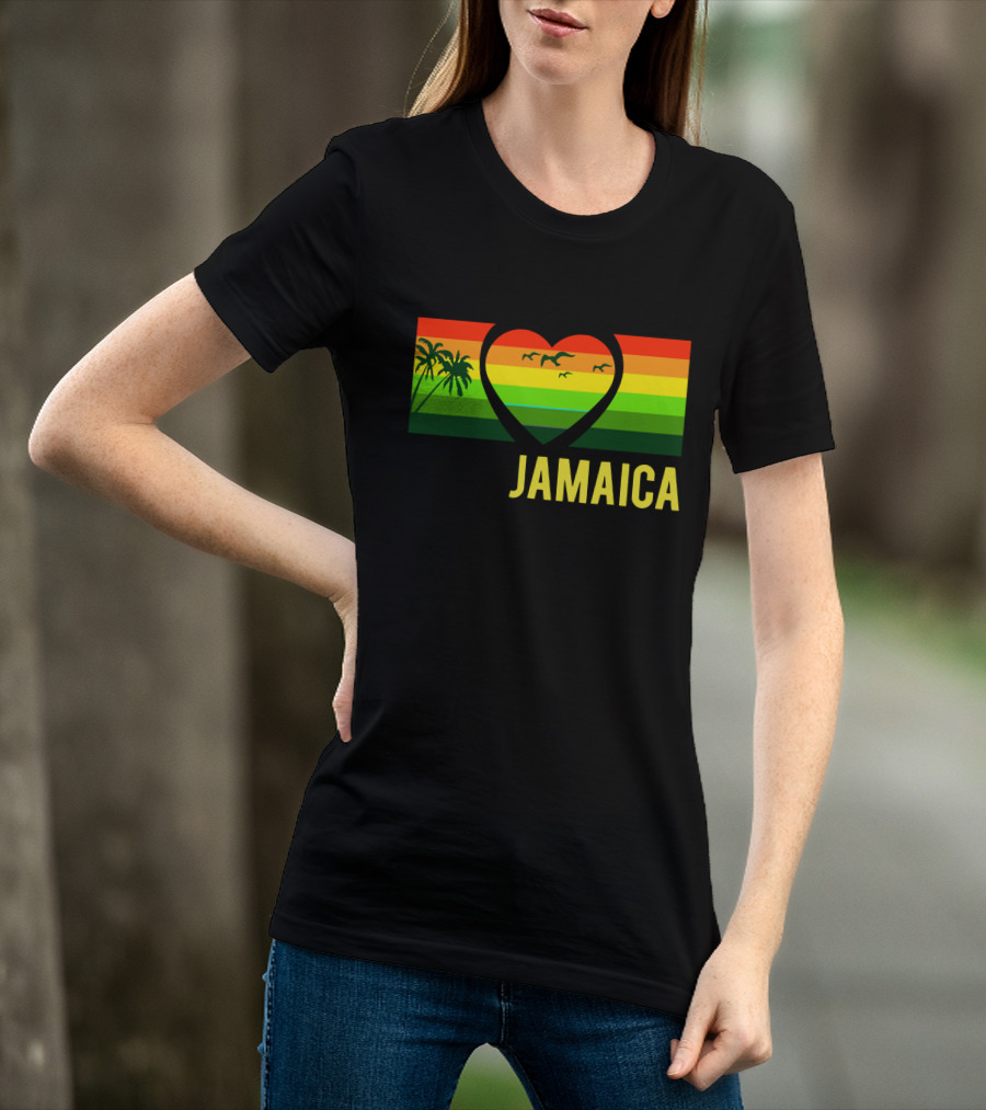 Jamaica Heart Rasta Reggae Sunset With Palm Trees And Birds T-Shirt