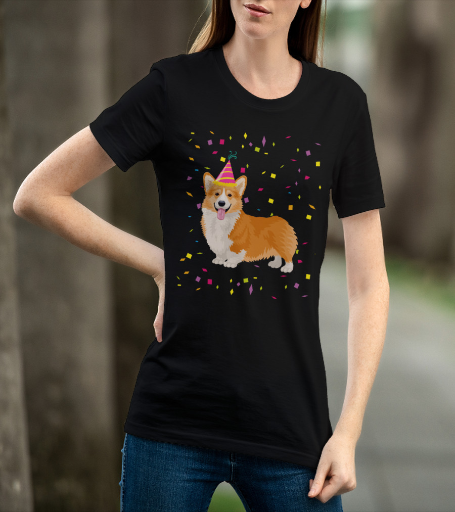 Welsh Corgi Birthday Party With Confetti And Party Hat T-Shirt