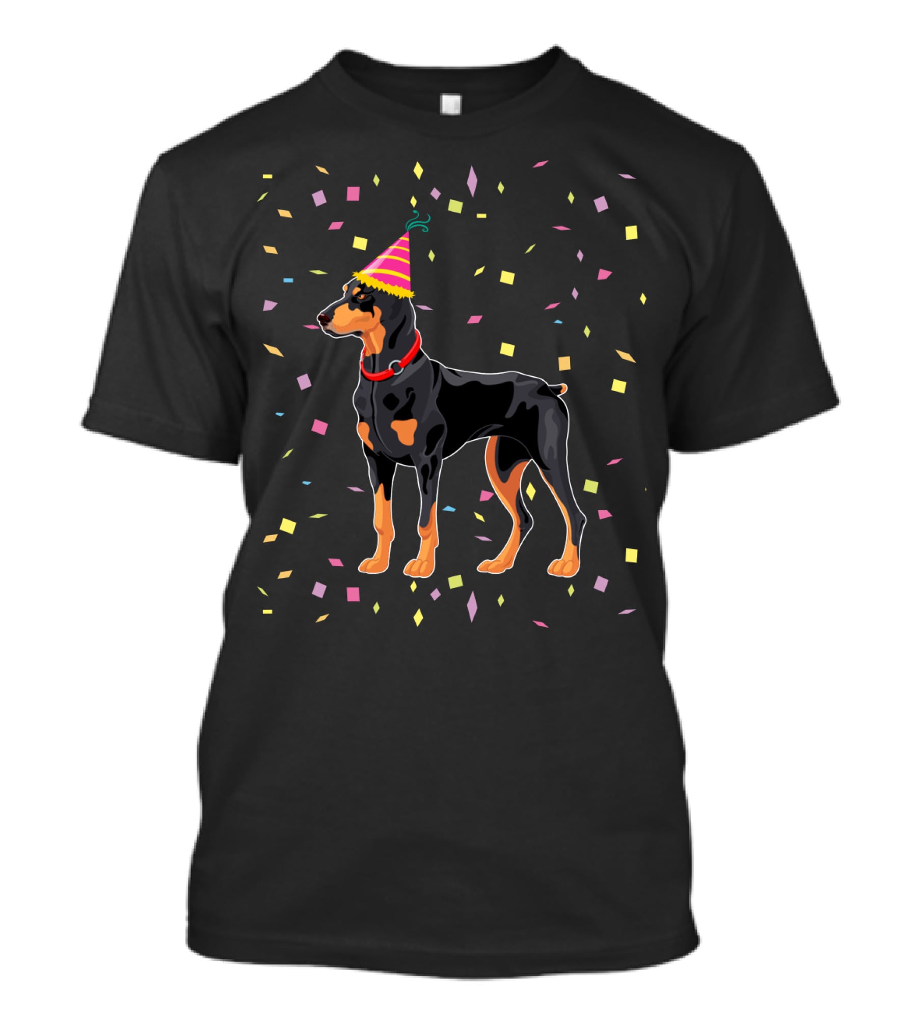 Doberman With Party Hat And Confetti T-Shirt