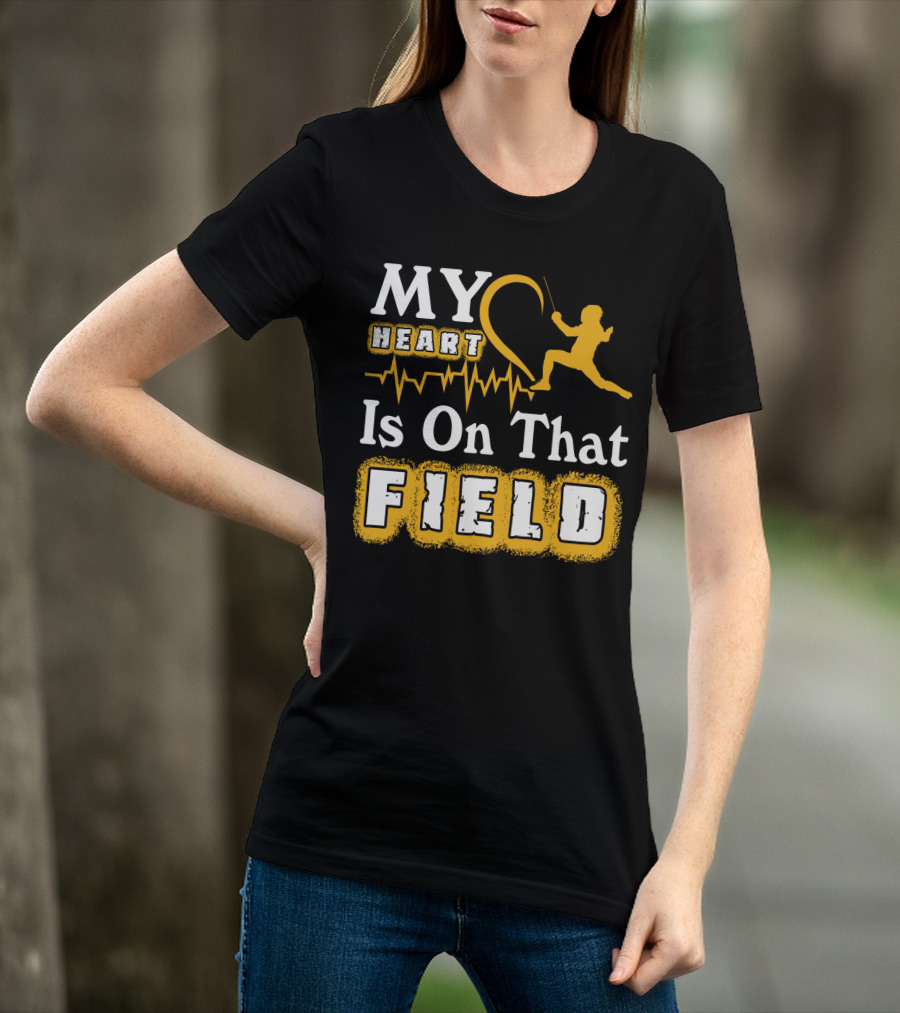My Heart Is On That Field Fencing Silhouette With Heartbeat Line T-Shirt