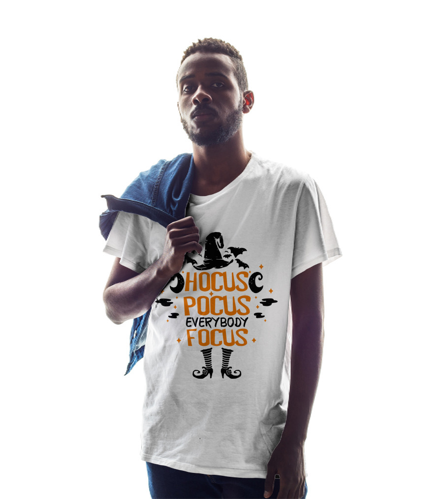Halloween Hocus Pocus Everybody Focus Funny Teacher Witch Hat Bats Boots T-Shirt