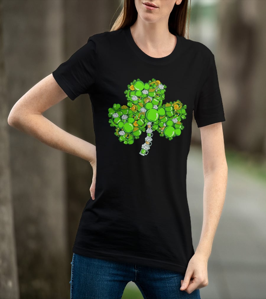 Shamrock Mickey Mouse St. Patrick's Day Beer Mugs And Gold Coins T-Shirt