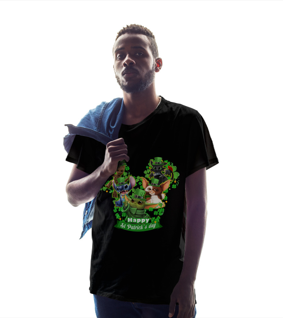 BBYD And Friends Happy St Patrick's Day Groot Gizmo Stitch Mandalorian Baby Yoda Toothless T-Shirt