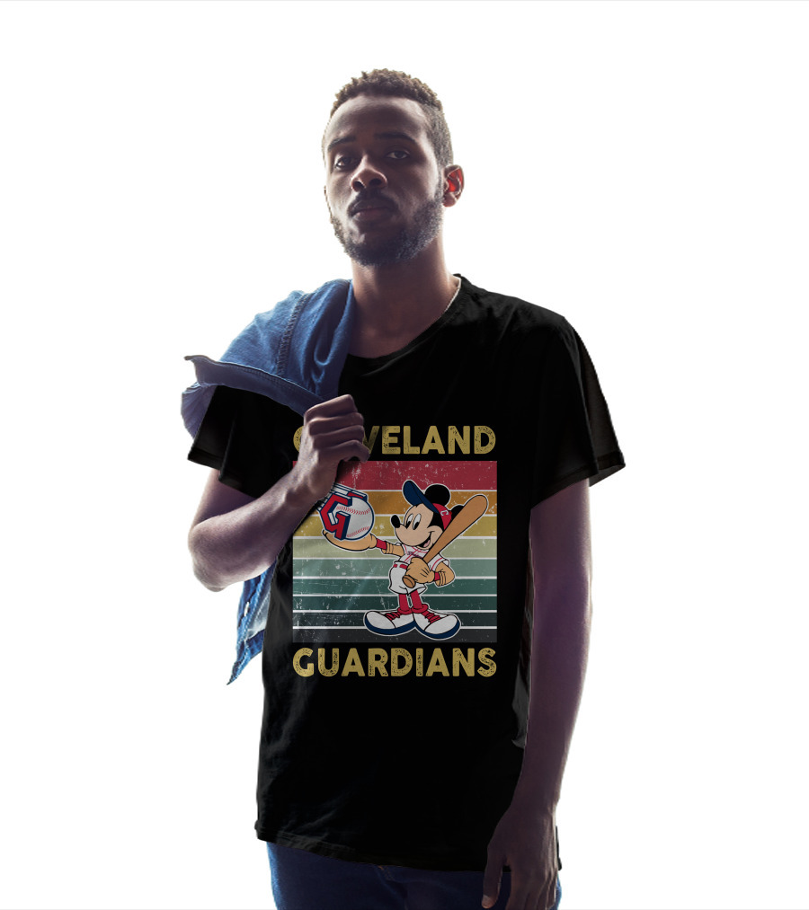 Cleveland Guardians Mickey Mouse Baseball Retro Stripes T-Shirt