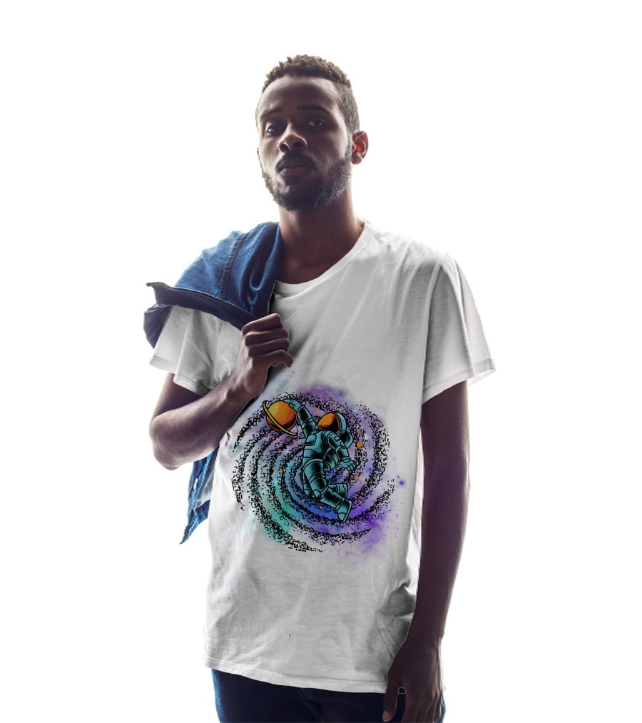 Astronaut Grasping Saturn In Cosmic Swirl 'Conquer The Universe' T-Shirt