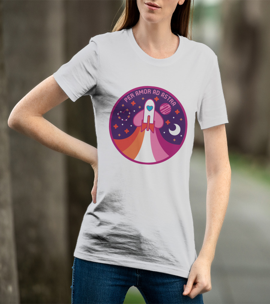 Per Amor Ad Astra Space Pride Lesbian Flag Rocket Heart Planet Moon T-Shirt