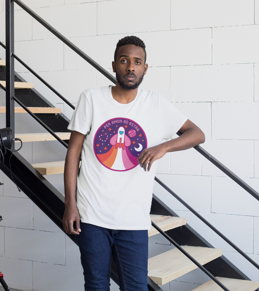 Per Amor Ad Astra Space Pride Lesbian Flag Rocket Heart Planet Moon T-Shirt