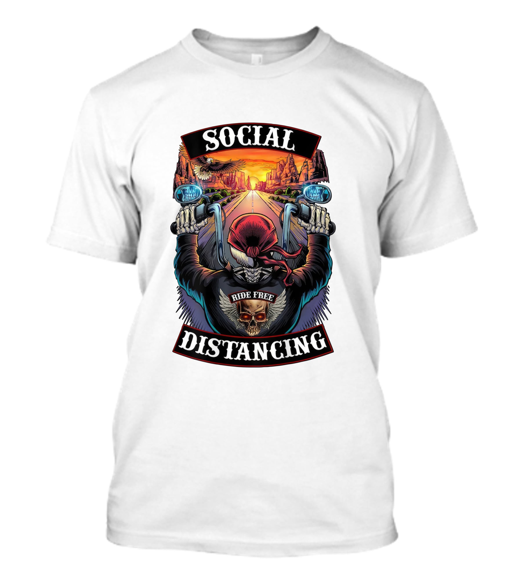 Social Distancing Ride Free Biker Skull Chicano Crew Motorcycle T-Shirt
