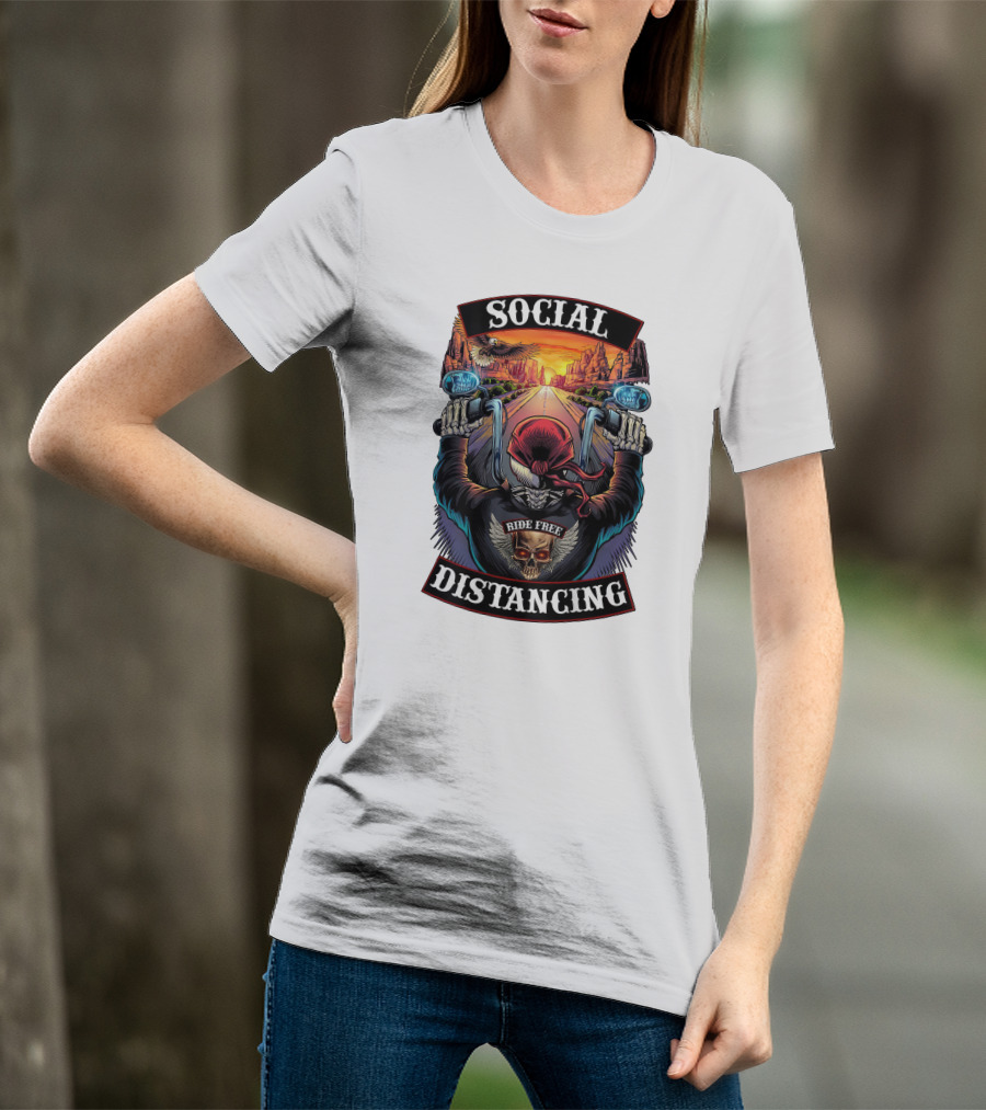 Social Distancing Ride Free Biker Skull Chicano Crew Motorcycle T-Shirt