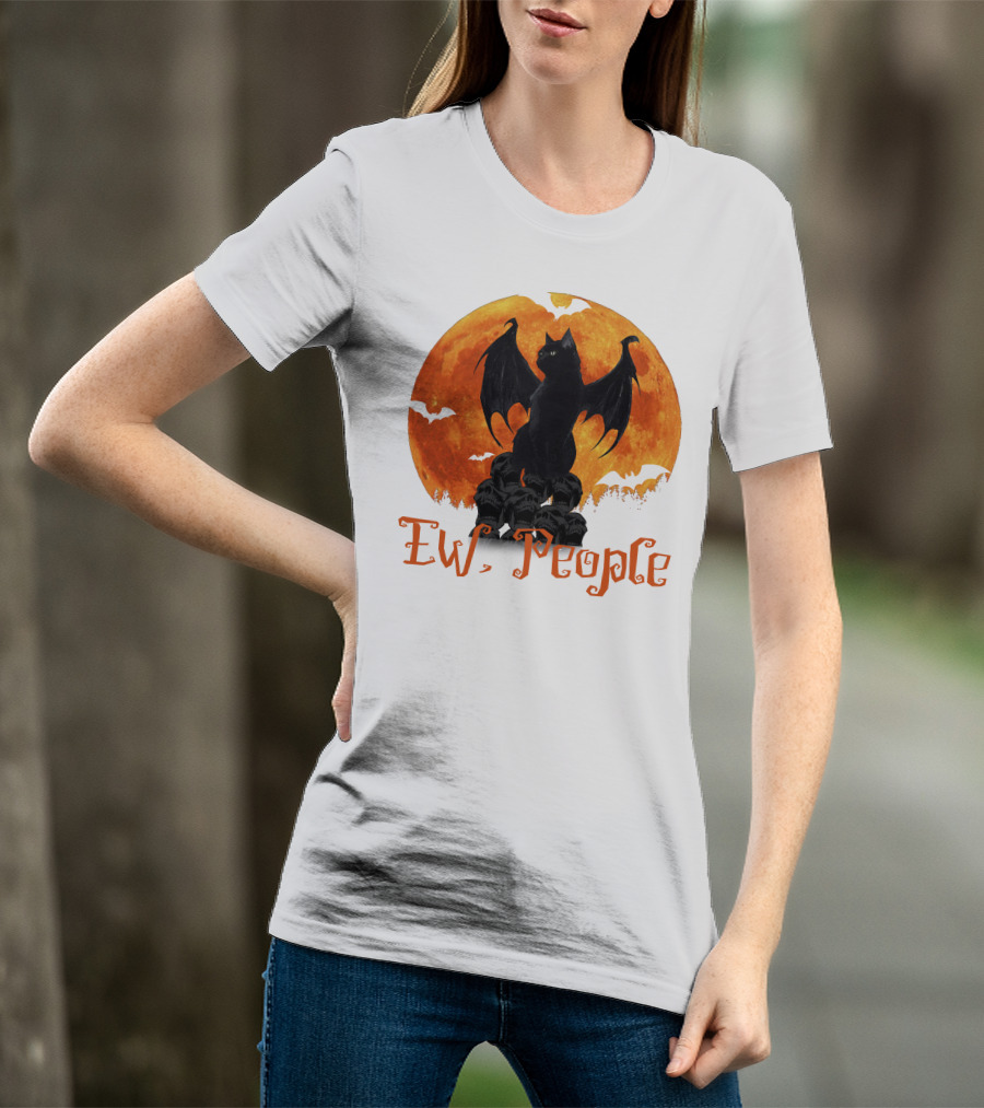 Ew People Black Cat With Bat Wings Halloween Orange Moon T-Shirt