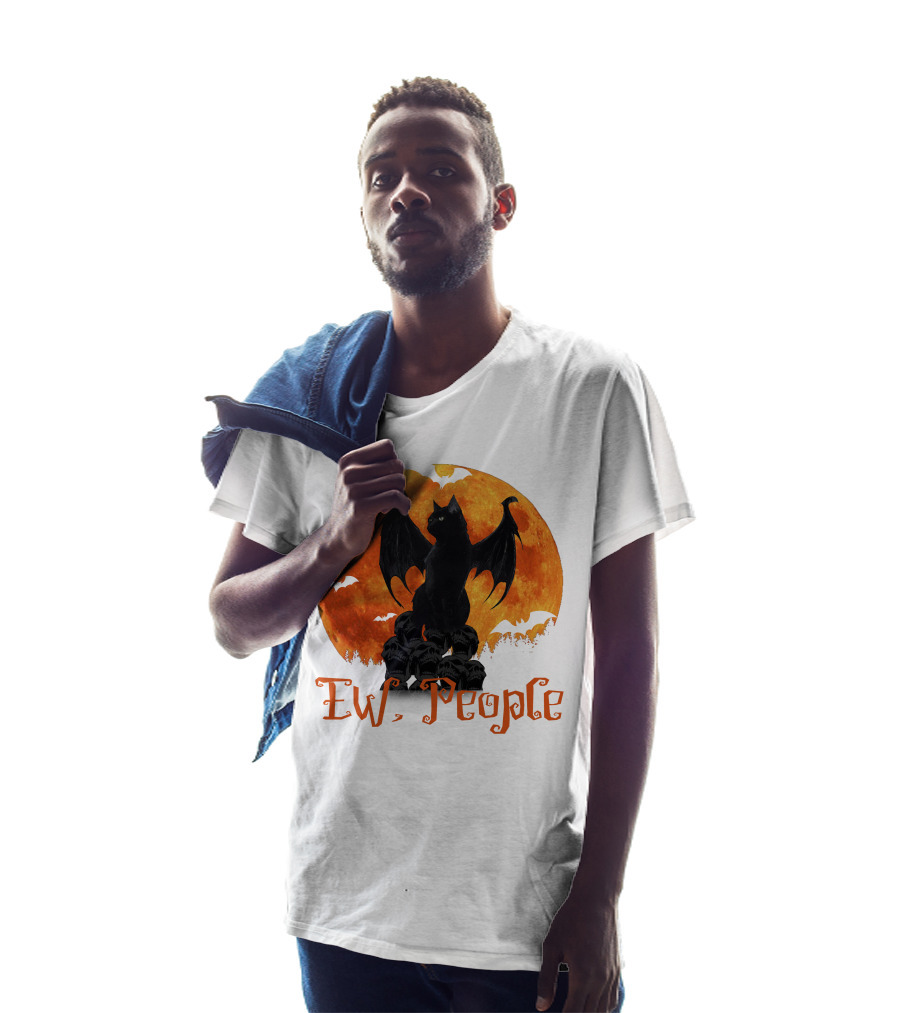 Ew People Black Cat With Bat Wings Halloween Orange Moon T-Shirt