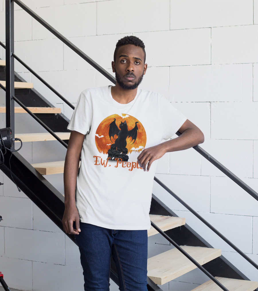 Ew People Black Cat With Bat Wings Halloween Orange Moon T-Shirt