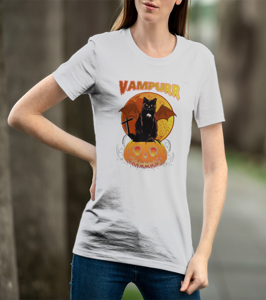 Vampurr Black Cat With Bat Wings And Pumpkin Halloween T-Shirt