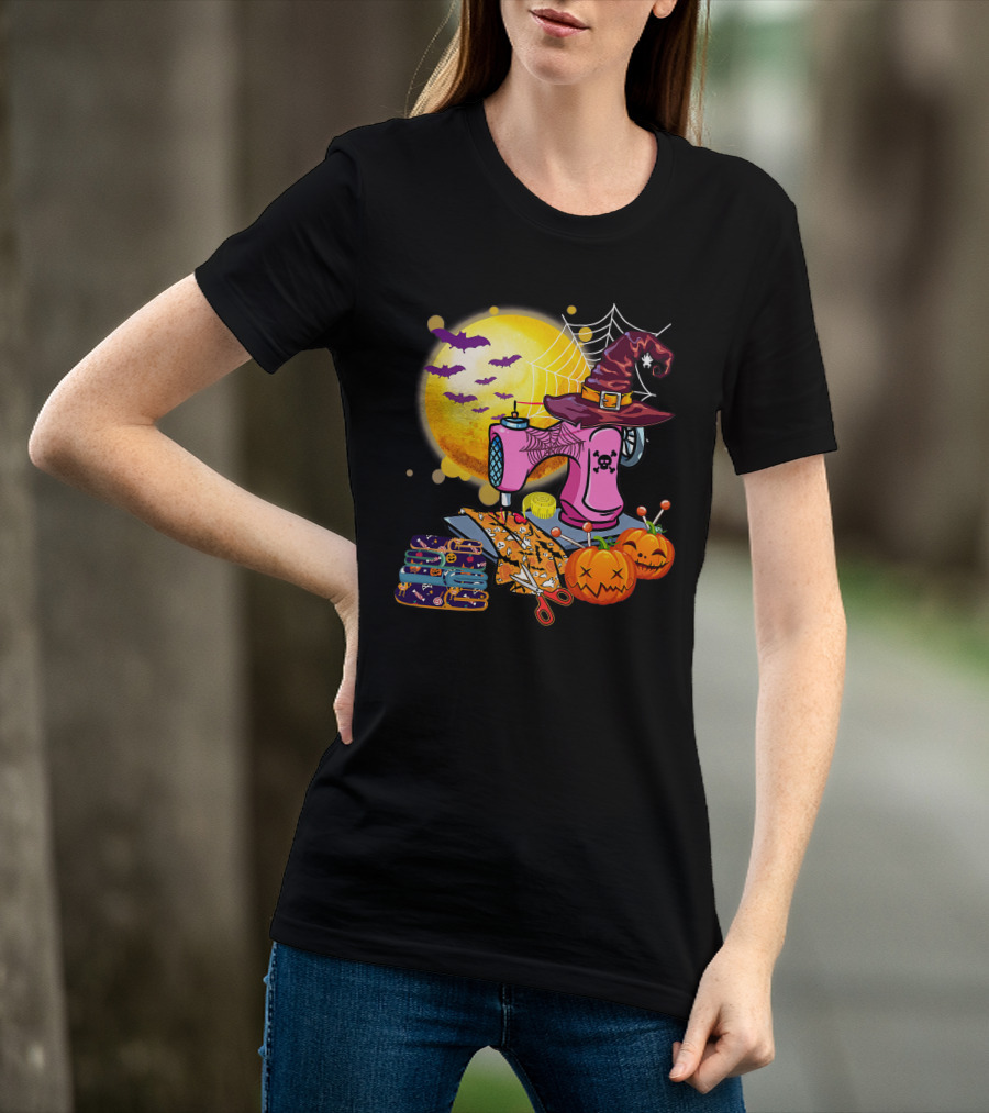 Sewing Machine Witch Hat Halloween Pumpkins Bats Moon T-Shirt