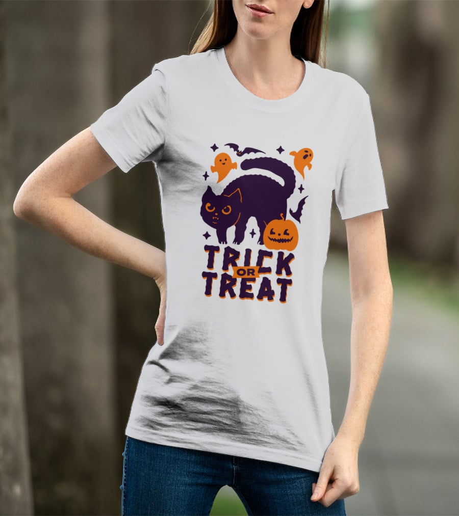 Trick Or Treat Halloween Cats Pumpkins Ghosts And Bats T-Shirt