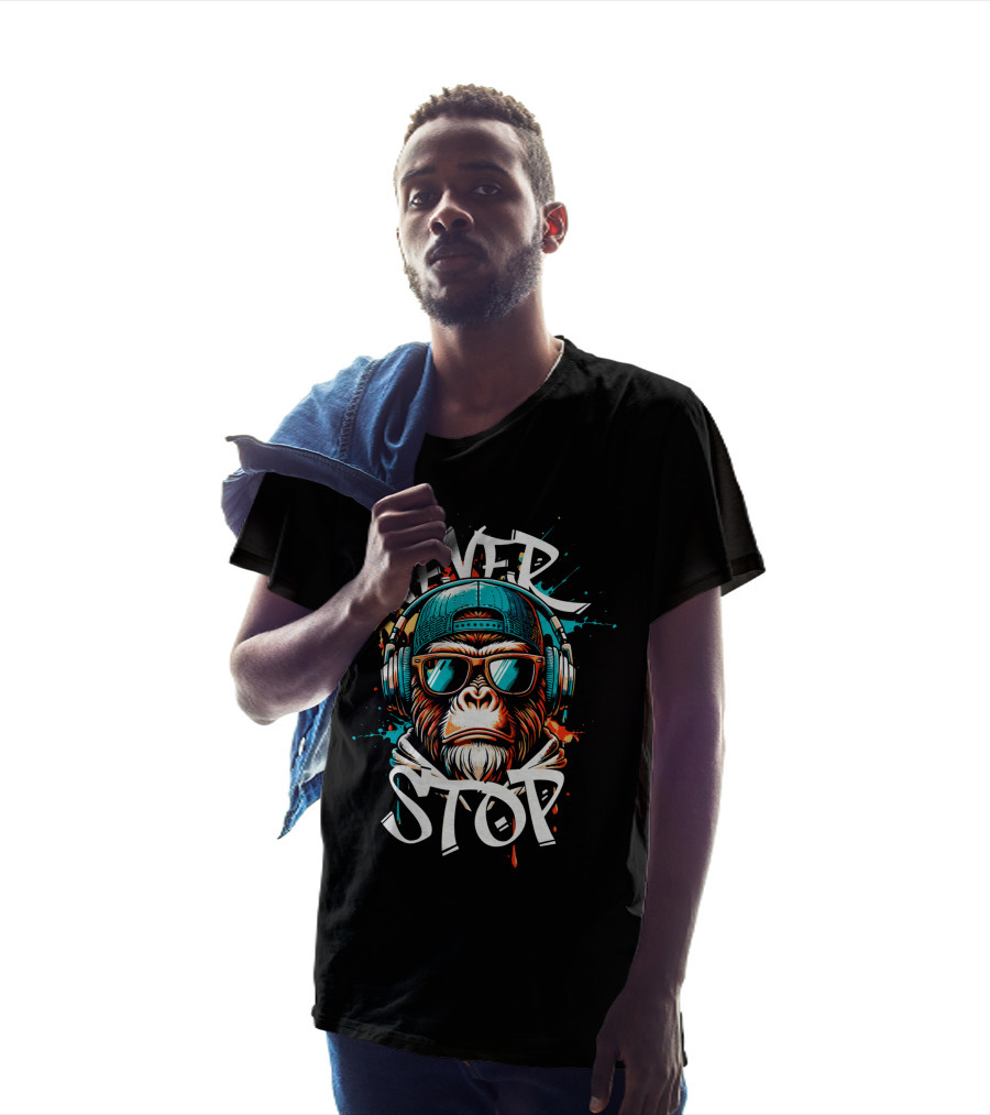 NEVER STOP Cool Monkey In Headphones T-Shirt
