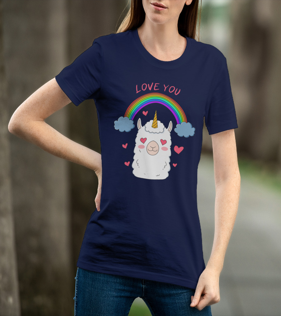 Love You Alpaca Unicorn Rainbow Cloud Hearts T-Shirt