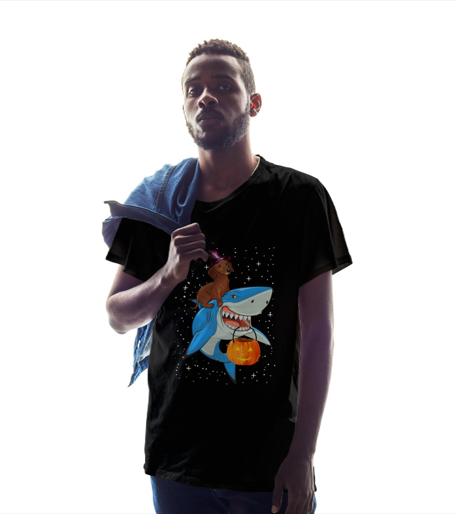 Dachshund Witch On Shark Carrying Jack-o'-Lantern In Starry Halloween Sky T-Shirt