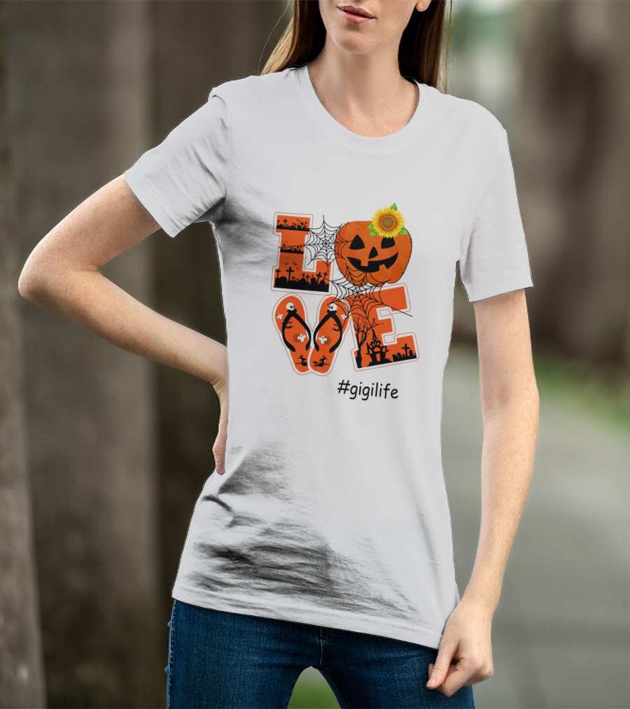 Love Pumpkin Halloween Theme #GigiLife With Spider Web And Sunflower T-Shirt