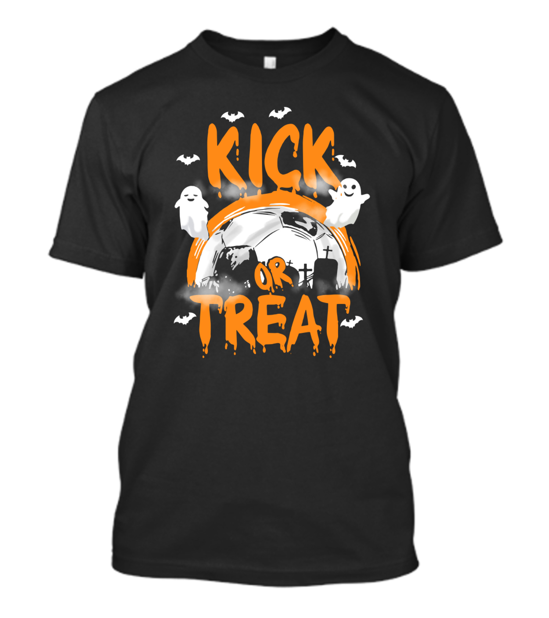 Kick Or Treat Halloween Soccer Theme Ghosts And Bats T-Shirt