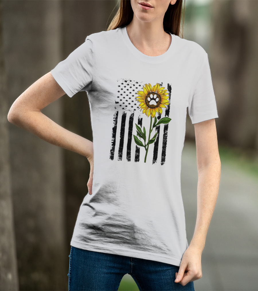 Sunflower Dog Paw Over American Flag Background T-Shirt