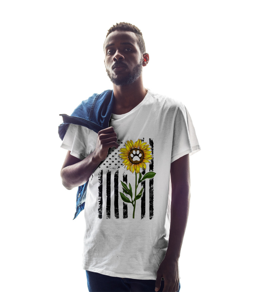 Sunflower Dog Paw Over American Flag Background T-Shirt